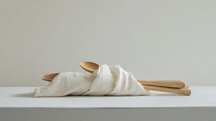 A single bamboo utensil set styled with a linen wrap on a clean white table. pic