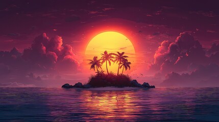 Stunning Sunset Over Tropical Island Paradise with Silhouetted Palm Trees and Vibrant Orange and Purple Sky