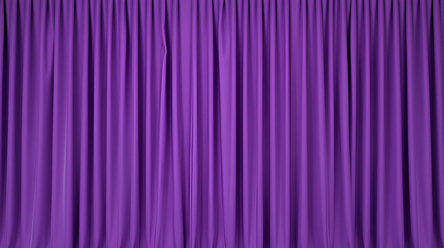 Full view of a purple curtain with vertical, smooth folds, creating a rich and elegant backdrop, perfect for stage or event decoration..