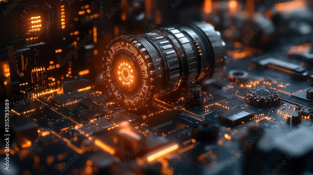 Poster futuristic mechanical device on illuminated circuit board
