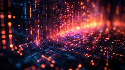 Abstract digital data stream flowing through a complex network tunnel