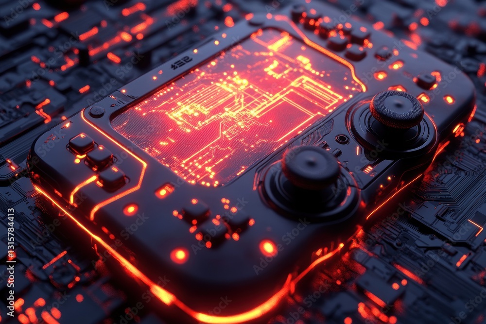 Poster futuristic gaming controller on circuit board with glowing components