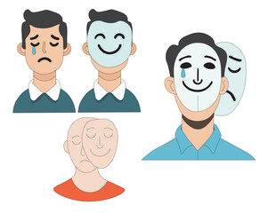Hidden Emotions Concept Man Wearing a Smiling Mask to Hide Sadness | Dual Personality Illustration. people icons set.