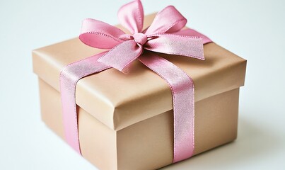 Fototapeta premium Beige Gift Box With Pink Ribbon Bow