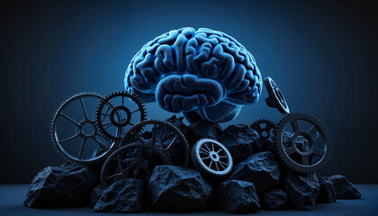 Brain with gears on rocky background