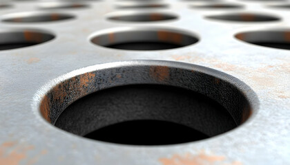Metal plate with many circular holes, rusty texture