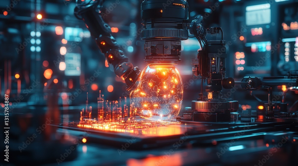 Poster futuristic robot arm manipulates glowing orb in tech lab