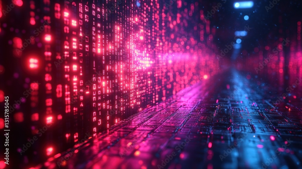 Poster futuristic corridor with glowing binary code