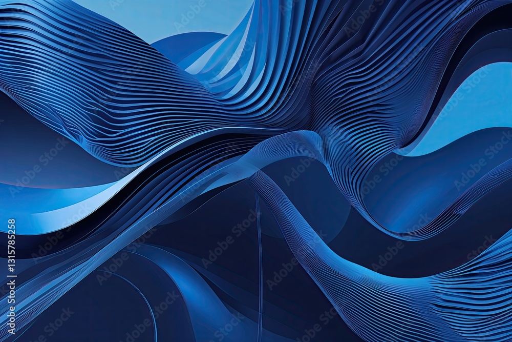 Poster dynamic blue halftone patterns and fluid line geometric composition