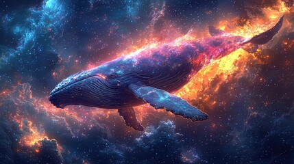 Cosmic Whale: A Celestial Creature Swims Through Vibrant Nebulae and Fiery Cosmic Clouds in a Stunning Digital Painting