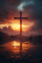 A wooden cross standing in a misty, golden-lit landscape. No additional visible objects in the scene.