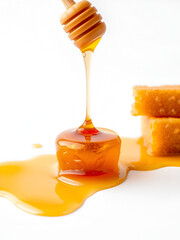 Honey dripping from honey-filled combs placed on a white background with honey spreading gently around