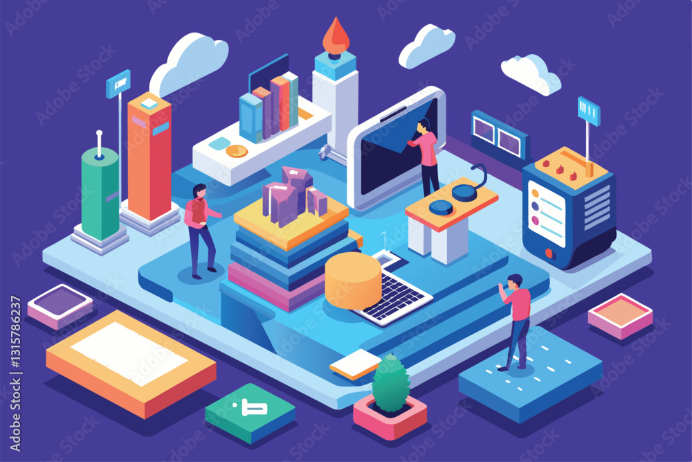 Poster colorful isometric design showcases data analysis with various graphs and tools in a digital workspa