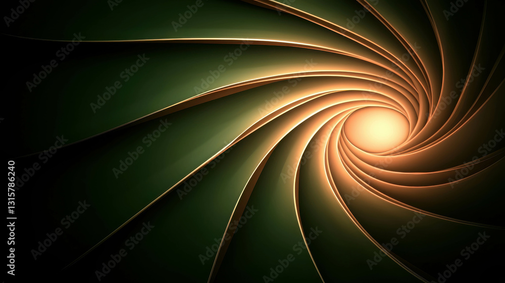 Poster abstract swirling pattern with light center in dark green background and smooth curves