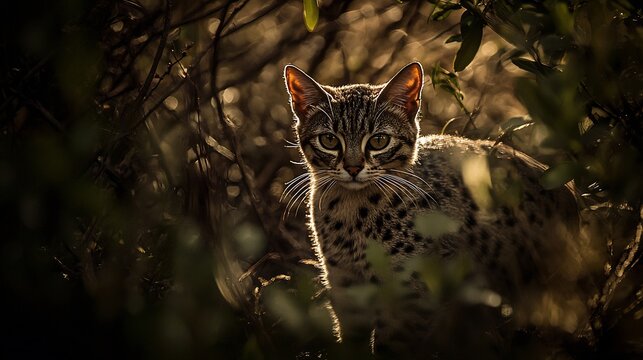 Kodkod tiny kodkod cat navigating the dense Chilean undergrowth its spotted coat blending into the shadows