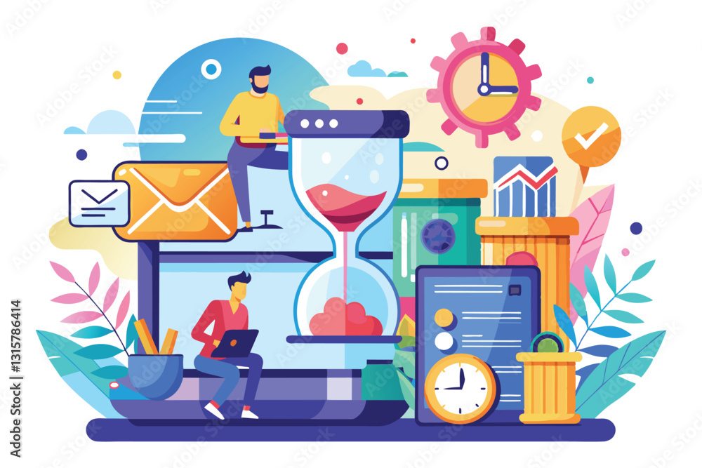 Poster this vibrant illustration showcases characters managing tasks and time with digital tools, emphasizi