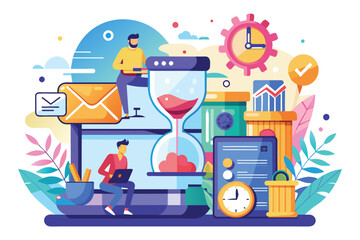 Naklejka premium This vibrant illustration showcases characters managing tasks and time with digital tools, emphasizing productivity, Save time Customizable Semi Flat Illustration