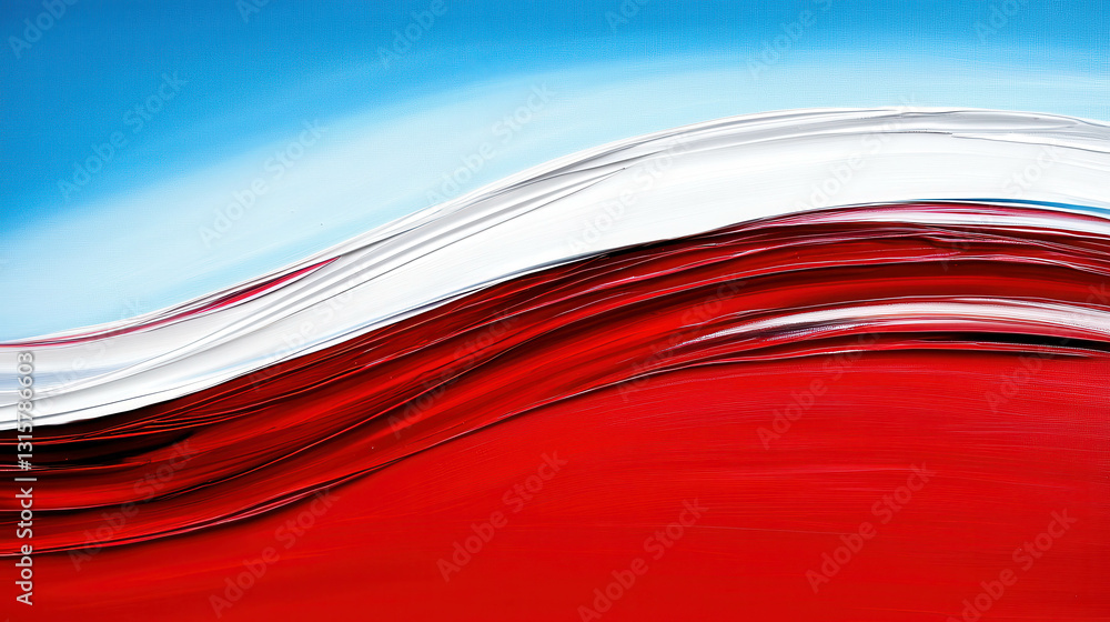 Poster abstract wave art with bold red and soft blue background creating a dynamic visual experience
