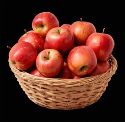 Woven straw basket filled with assorted red apples on a black background.