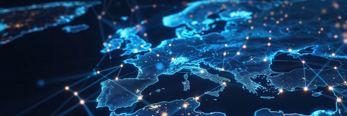 Dynamic digital world map highlights connectivity across Western Europe for AI driven big data transfer and telecommunications network