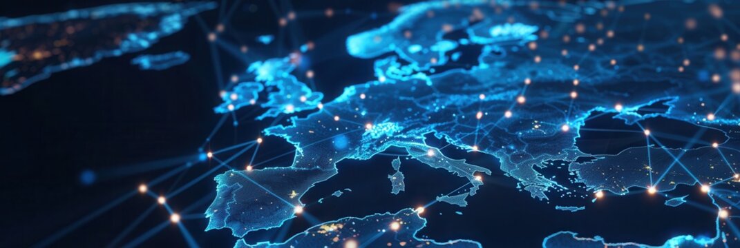 Dynamic digital world map highlights connectivity across Western Europe for AI driven big data transfer and telecommunications network