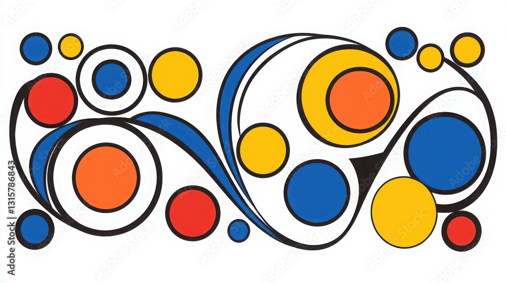 Poster colorful abstract design with circular shapes and swirled lines on white background