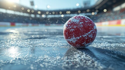 Red Curling Stone on Icy Rink Covered with Snow, Winter Sports Competition, Close-up View