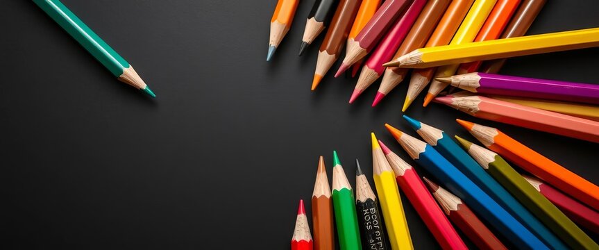 Colored pencils on black, playfully arranged as a drawing scene, vibrant colors, art supplies background