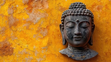 Serene Buddha Head Sculpture Against a Textured Yellow Wall, Peaceful Meditation, Spiritual Symbol, Ancient Asian Art, Religious Iconography,  Tranquil and Timeless.