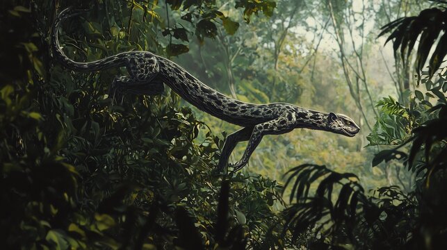 Linsang spotted linsang slinking through thick rainforest vegetation its elongated body moving fluidly like a shadow