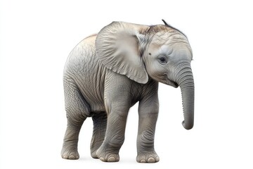 Obraz premium Adorable baby elephant standing alone, isolated on a white background.