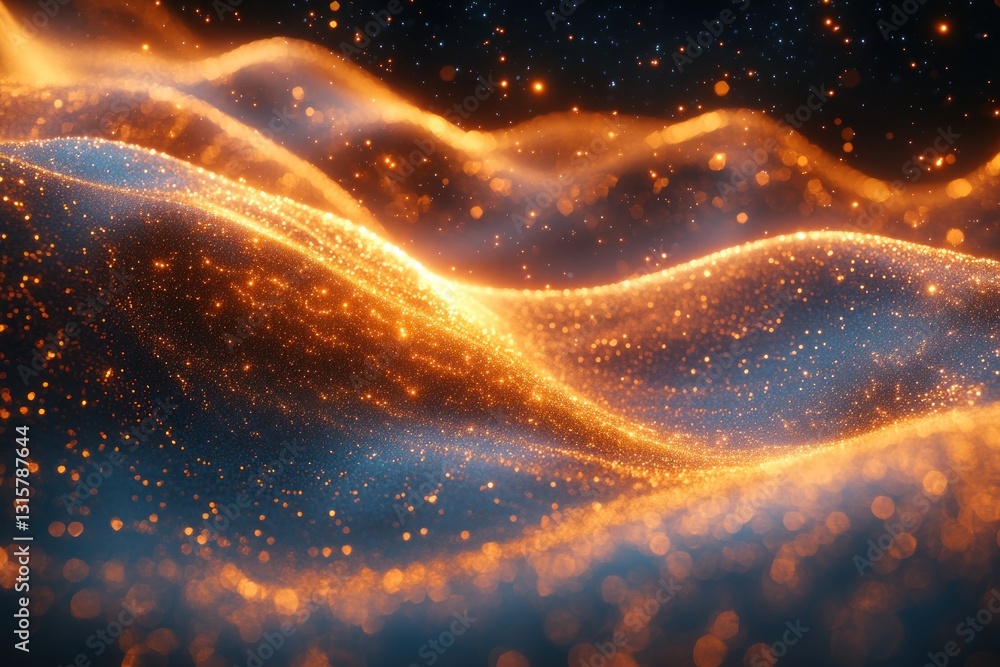 Poster abstract wavy golden particle field on dark background