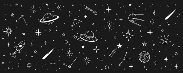 Space star vector kid universe background. Hand drawn doodle sketch style space cute galaxy background. Hand drawn kid galaxy universe pattern. Planet, rocket, star element. Vector illustration © Polina Tomtosova