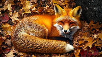 Fototapeta premium Majestic red fox curled up a bed of autumn leaves its fiery orange fur glowing against the deep hues of the forest floor
