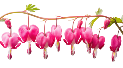 Bleeding heart flowers hanging from a branch with transparent background