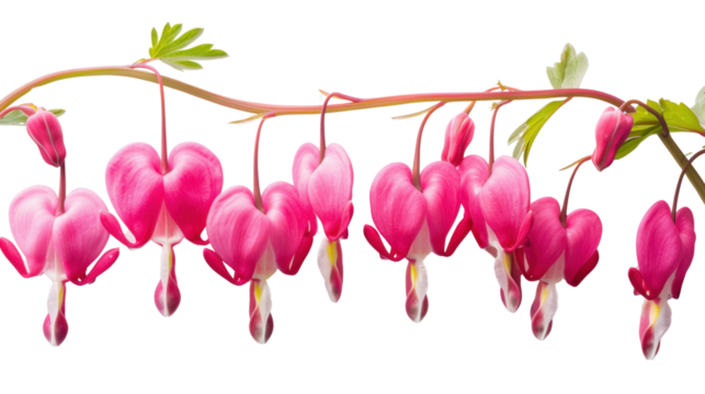 Bleeding heart flowers hanging from a branch with transparent background