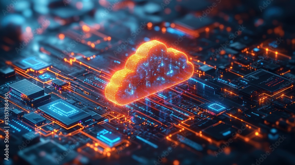 Poster cloud computing, circuit board, glowing network, data processing
