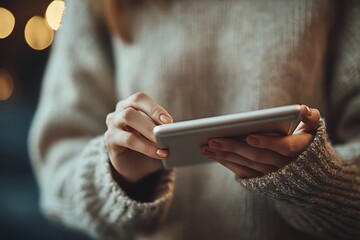 Woman using tablet, cozy indoor setting
