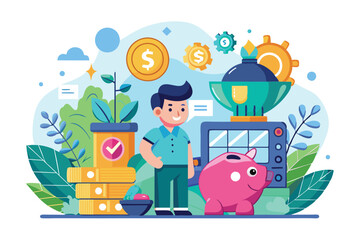 Fototapeta premium A young boy stands next to a piggy bank, surrounded by stacks of coins and plants while managing savings, Savings Customizable Semi Flat Illustration