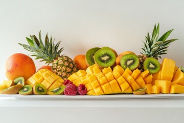 Tropical fruit platter with mango, kiwi, and pineapple slices on a clean white table