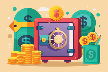 Obraz premium A vibrant digital artwork displaying a safe, coins, and savings symbols, emphasizing financial security, Savings in the safet
