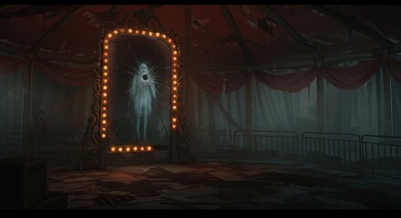 Eerie carnival scene featuring a ghostly figure in a shattered carnival mirror amidst a dilapidated tent