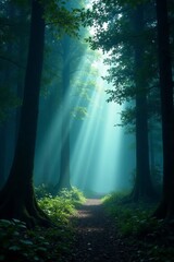 Naklejka premium Enchanting misty forest with towering trees and ominous shadows, dark, eerie, spooky