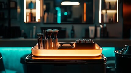 A glowing barber tool tray styled in a sleek shop setting with subtle lighting. pic