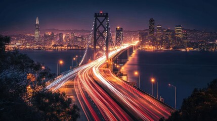 Spectacular Bay Bridge illuminated night view with San Francisco skyline backdrop