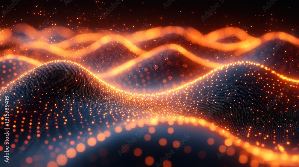 Poster abstract glowing particles wave patterns in dark space