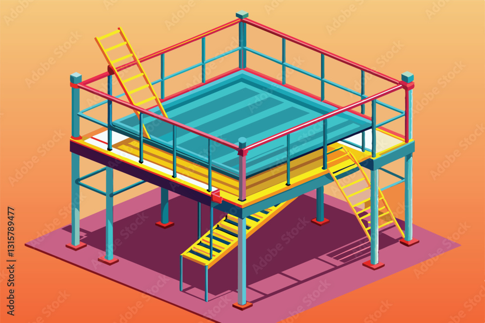 Poster detailed isometric illustration of a customizable scaffold setup for construction activities in prog