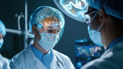 Doctor treatment clinical trials research. Surgeon using advanced technology in a medical setting.