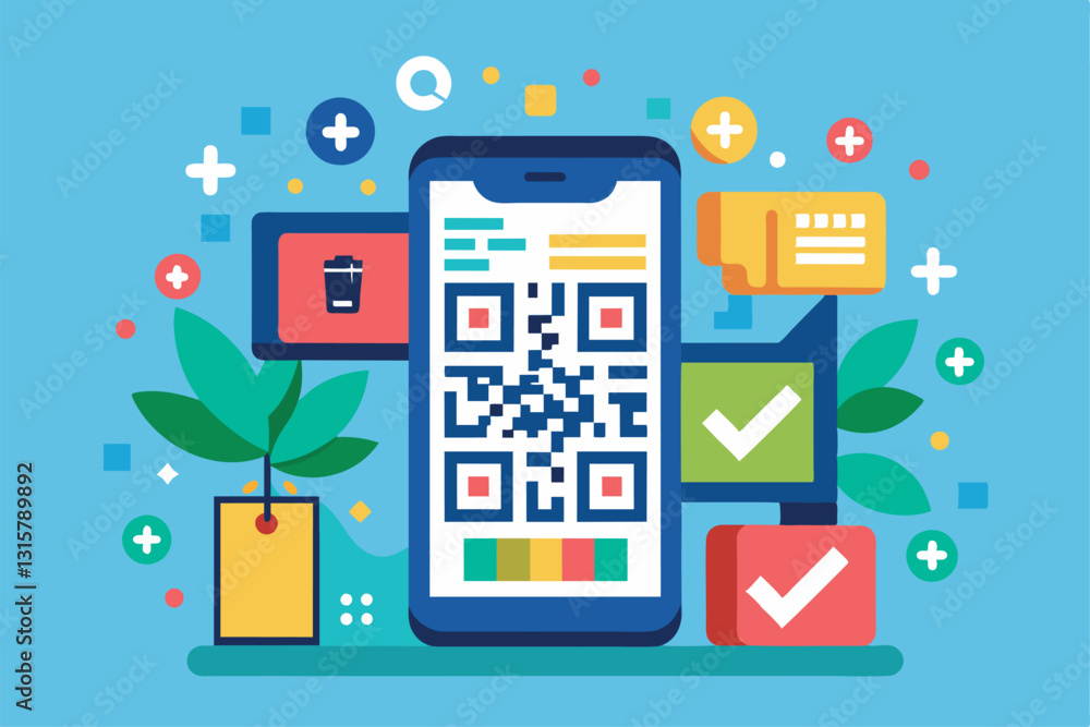 Poster a mobile device showcases a qr code for making a transaction surrounded by vibrant elements and icon