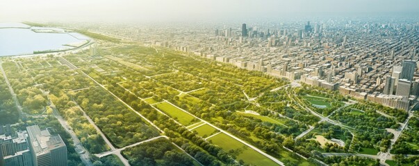 An aerial view shows urban and green spaces together